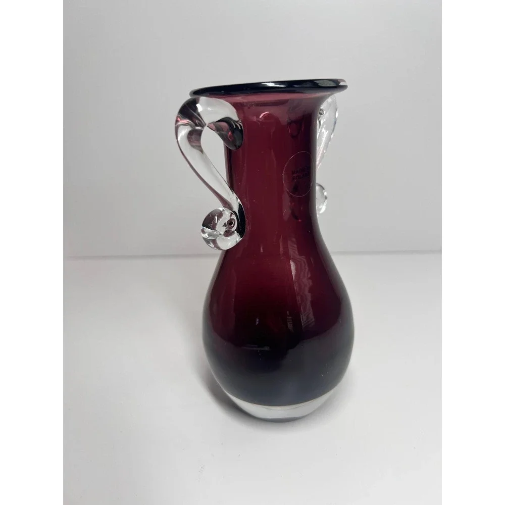 Vintage Amethyst Purple Glass Vase Made in Poland Clear Scroll Handles 6 In. MCM